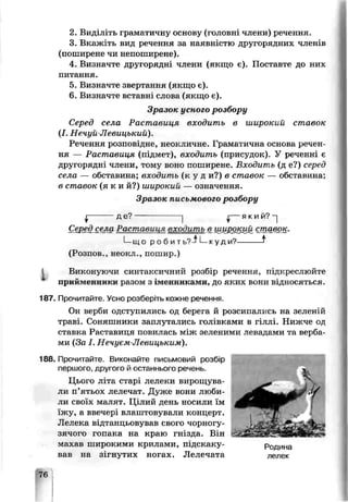 2. Виділіть граматичну основу (головні члени) речення.
3. Вкажіть вид речення за наявністю другорядних членів
(поширене чи непоширенеї.
4. Визначте другорядні члени (якщо є). Поставте до них
питання.
5. Визначте звертання (якщо є).
6. Визначте вставні слова (якщо є).
Зразок усного розбору
Серед села Раставиця входить в широкий ставок
(І. Нечуй-Левицькиа).
Речення розповідне, неокличне. Граматична основа речен­
ня — Раставиця (підмет), входить (присудок). У реченні є
другорядні члени, тому воно поширене. Входить (д е?) серед
села — обставина; входить ( к у д и?) в ставок — обставина-,
в ставок ( я к и й?) широкий — означення.
Зразі к письмового розбору
J--------- Д Є?-----------------І X---ЯКИЙ? -|
CepL >села Раставиѵя вхоФм.іь в wupoitvu cmьвск.------ L-------------------- -------------------------------1---- ■ ---------------------------------------------------------
І—що р Об ИТЬ?-^ І—куди?--------- ^
(Розпов., неокл., пошир.)
Виконуючи синтаксичний розбір речення, підкреслюйте
прикмевники разом з іменниками, до яких вони відносяться.
187. Прочитайте. Усно розберіть кожне речення.
Он верби одступились од берега й розсипались на зеленій
траві Соняшники заплутались голівками в гіллі. Нижче од
стаька Раставиця повилась між зеленими левадами та верба­
ми (За І. Нечуєм-Левицьким).
188. Прочитайте. Виконайте письмовий розбір
першого, другого й останнього речень.
Цього літа старі лелеки вирощува­
ли п’ятьох лелечат. Дуже вони люби­
ли своїх малят. Цілий день носили їм
їжу, а ввечері влаштовували концерт.
Лелека відтанцьовував свого чорногу-
зячотч) гопака на краю гнізда. Він
махаз широкими крилами, підскаку­
вав на зігнутих ногах. Лелечата
Родина
лелек
76
 