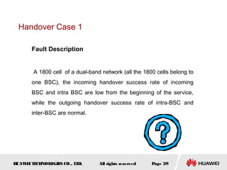 Handover Case 1

      Fault Description


       A 1800 cell of a dual-band network (all the 1800 cells belong to
      one BSC), the incoming handover success rate of incoming
      BSC and intra BSC are low from the beginning of the service,
      while the outgoing handover success rate of intra-BSC and
      inter-BSC are normal.




HUAW I T CH
    E E NOL OGIE CO., L D.
                S      T         All rights reserved   Page 29
 