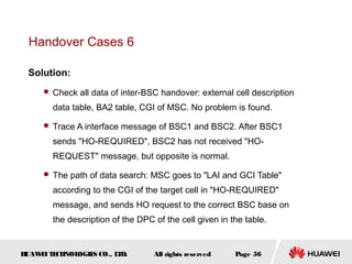 Handover Cases 6

 Solution:
      Check all data of inter-BSC handover: external cell description

       data table, BA2 table, CGI of MSC. No problem is found.

      Trace A interface message of BSC1 and BSC2. After BSC1

       sends "HO-REQUIRED", BSC2 has not received "HO-
       REQUEST" message, but opposite is normal.

      The path of data search: MSC goes to "LAI and GCI Table"

       according to the CGI of the target cell in "HO-REQUIRED"
       message, and sends HO request to the correct BSC base on
       the description of the DPC of the cell given in the table.


HUAW I T CH
    E E NOL OGIE CO., L D.
                S      T          All rights reserved   Page 56
 