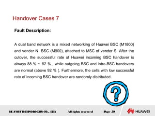 Handover Cases 7

  Fault Description:


  A dual band network is a mixed networking of Huawei BSC (M1800)
  and vender N BSC (M900), attached to MSC of vender S. After the
  cutover, the successful rate of Huawei incoming BSC handover is
  always 88 ％～ 92 ％ , while outgoing BSC and intra-BSC handovers
  are normal (above 92 ％ ). Furthermore, the cells with low successful
  rate of incoming BSC handover are randomly distributed.




HUAW I T CH
    E E NOL OGIE CO., L D.
                S      T        All rights reserved   Page 59
 