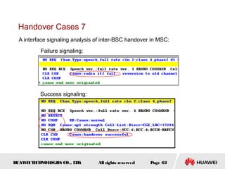 Handover Cases 7
  A interface signaling analysis of inter-BSC handover in MSC:
          Failure signaling:




          Success signaling:




HUAW I T CH
    E E NOL OGIE CO., L D.
                S      T         All rights reserved   Page 62
 