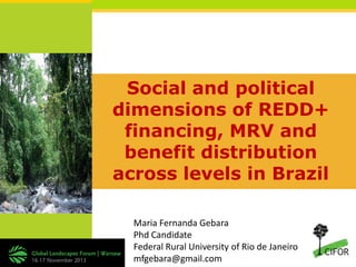 Social and political
dimensions of REDD+
financing, MRV and
benefit distribution
across levels in Brazil
Maria Fernanda Gebara
Phd Candidate
Federal Rural University of Rio de Janeiro
mfgebara@gmail.com

 