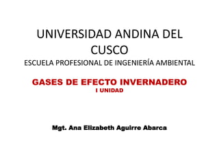 UNIVERSIDAD ANDINA DEL
CUSCO
ESCUELA PROFESIONAL DE INGENIERÍA AMBIENTAL
GASES DE EFECTO INVERNADERO
I UNIDAD
Mgt. Ana Elizabeth Aguirre Abarca
 