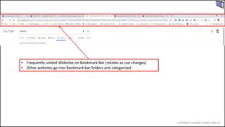 • Frequently visited Websites on Bookmark Bar (rotates as use changes)
• Other websites go into Bookmark bar folders and categorized
 