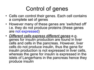 Control of genes Cells can control their genes. Each cell contains a complete set of genes However many of these genes are ‘switched off’ i.e. they do not produce proteins (these genes are  not expressed ) Different cells express different genes  e.g. genes for insulin production are found in liver cells and cells in the pancreas. However, liver cells do not produce insulin, thus the gene for insulin production is not expressed in liver cells, whereas the gene for insulin is expressed in the islets of Langerhans in the pancreas hence they produce insulin 