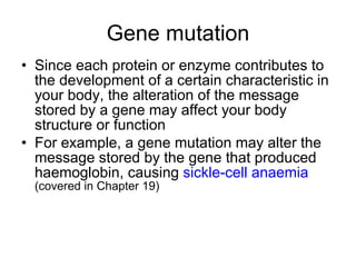 Gene mutation Since each protein or enzyme contributes to the development of a certain characteristic in your body, the alteration of the message stored by a gene may affect your body structure or function For example, a gene mutation may alter the message stored by the gene that produced haemoglobin, causing  sickle-cell anaemia  (covered in Chapter 19) 