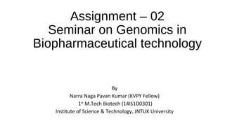 Assignment – 02
Seminar on Genomics in
Biopharmaceutical technology
By
Narra Naga Pavan Kumar (KVPY Fellow)
1st
M.Tech Biotech (14IS1D0301)
Institute of Science & Technology, JNTUK University
 