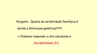 Pergunta: Quanto da variabilidade fenotípica é
devida a diferenças genéticas????
=> Podemos responder a isto calculando a:
Herdabilidade (h2)
 