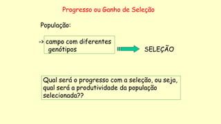 Progresso ou Ganho de Seleção
População:
-> campo com diferentes
genótipos SELEÇÃO
Qual será o progresso com a seleção, ou seja,
qual será a produtividade da população
selecionada??
 