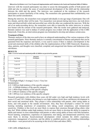Bibera,Gen Zyd Robert et al./ Care Framework Implementation and Evaluation in the Social and Emotional Skills of Children
9
© 2017, AJMS. All Rights Reserved.
interview with the research participants was done to secure the demographic profile of both parent and
child and also to explore the areas of social-emotional development of the child and the relationship
between the child and the parent. The interview was conducted at the residence of the research
participants to ensure familiarity of the setting. The researchers also guaranteed that confidentiality was
taken into careful consideration.
During the interview, the researchers were assigned individually in one age range of participant. One will
be a female, and the other will be male. Two researchers were present during interviews; one took down
notes and observed both verbal and nonverbal cues while the other one conducted the interview. With the
aid of an audio-recording device, the researchers were able to transcribe the entire interview in written
text format with the consent of the research participants. After the results were gathered and analyzed,
thematic analysis was used to deduce if certain progress was evident with the application of the CARE
framework. From this, an intervention program was formulated to develop and enhance certain areas.
Treatment of Data
Thematic analysis of the data was used to have an enhanced understanding of the various responses of the
research participants. Since thematic analysis is centrally concentrated on themes and patterns that can be
generated from the responses and factors, it was used to assess if there is indeed a development in the
social and emotional skills of the children after the implementation of the CARE framework. Responses,
ideas, patterns, and thoughts were classified, compiled, and categorized into themes and furthermore into
sub-themes.
RESULTS
Table 1. Level of social and emotional profile of children as perceived by parents
Age Range
Research
Participant
Mean Score Verbal Interpretation
3 years old 1 4.32 Very high
2 3.85 High
4 years old 3 4.17 High
4 3.93 High
5 years old 5 3.00 Average
6 3.67 High
6 years old 7 4.32 Very high
8 4.17 High
7 years old 9 3.20 Average
10 3.45 High
Legend:
5–Veryhigh,4-High,3–Average,2–Low,1–Very low
Interpretation:
4.21–5.00Very high tendency of the specific category
3.41 – 4.20High tendency of the specific category
2.61–3.40Average tendency of the specific category
1.81–2.60Low tendency of the specific category
1.00–1.80Very Low tendency of the specific category
Research participants with children three years old fall under very high and high tendency levels with
scores 4.33 and 3.85. Children who belong to very high tendency levels show satisfactory development in
their social and emotional skills. They project a close relationship with parents, other caring adults at
home, and with people in the outside environment. Also, they have developed a context for social
learning including experience of cooperation, turn taking, social competence, and interpersonal
sensitivity. Children in this level are most likely to express their emotions through telling others what
they feel. While children under high tendency levels are more likely to develop the ability to respond to
adults and interact in close relationships with parents or other caring adults at home with little hesitation.
Social learning, competence, experience of cooperation, turn taking, and interpersonal sensitivity were
more likely to develop. Social-emotional development—which includes the child’s experience,
expression, management of emotions, and the ability to establish positive and rewarding relationships
with others—were perceived to be occurring in this level (Cohen and others 2005).
AJMS,
Jan-Feb,
2017,
Vol.
1,
Issue
1
 