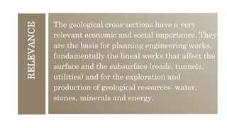 RELEVANCE
The geological cross-sections have a very
relevant economic and social importance. They
are the basis for planning engineering works,
fundamentally the lineal works that affect the
surface and the subsurface (roads, tunnels,
utilities) and for the exploration and
production of geological resources: water,
stones, minerals and energy.
 