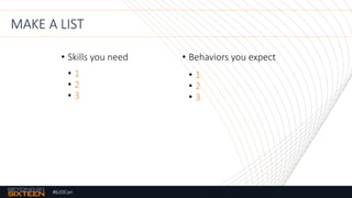 #b20Con
MAKE A LIST
• Skills you need
• 1
• 2
• 3
• Behaviors you expect
• 1
• 2
• 3
 