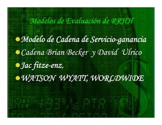Modelos de Evaluación de RRHH

Modelo de Cadena de Servicio-ganancia
                    Servicio-
Cadena Brian Becker y David Ulrico
Jac fitze-enz,
    fitze-enz,
WATSON WYATT, WORLDWIDE
 