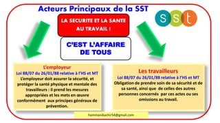 hammanibachir54@gmail.com 11
Acteurs Principaux de la SST
LA SECURITE ET LA SANTE
AU TRAVAIL !
C’EST L’AFFAIRE
DE TOUS
L’employeur
Loi 88/07 du 26/01/88 relative à l’HS et MT
L’employeur doit assurer la sécurité, et
protéger la santé physique et mentale des
travailleurs : il prend les mesures
appropriées et les mets en œuvre
conformément aux principes généraux de
prévention.
Les travailleurs
Loi 88/07 du 26/01/88 relative à l’HS et MT
Obligation de prendre soin de sa sécurité et de
sa santé, ainsi que de celles des autres
personnes concernés par ces actes ou ses
omissions au travail.
hammanibachir54@gmail.com
 