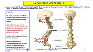 La colonne vertébrale est l’élément principale de la charpente du corps humain : elle est constituée de 33 vertèbres
dont 24 mobiles, empilées les unes sur les autres.
12 DORSALES
A retenir :
De profil, la colonne vertébrale
présente des courbures (forme de
S) qui permettent une posture
debout
Rôle : Elle protège le moelle
épinière et assure le maintien de
la tête et du tronc en procurant
une grande solidité et une
élasticité au corps.
Accident : lumbagos, sciatiques,
hernies discales,…
Mesures de prévention :
Appliquer les principes de base
dans sa vie quotidienne et
professionnelle, organiser le
travail afin d’éviter des facteurs de
risque.
120
LA COLONNE VERTEBRALE
hammanibachir54@gmail.com
 