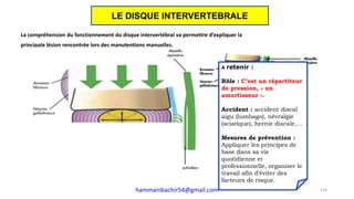 La compréhension du fonctionnement du disque intervertébral va permettre d’expliquer la
principale lésion rencontrée lors des manutentions manuelles.
A retenir :
Rôle : C’est un répartiteur
de pression, « un
amortisseur ».
Accident : accident discal
aigu (lumbago), névralgie
(sciatique), hernie discale,…
Mesures de prévention :
Appliquer les principes de
base dans sa vie
quotidienne et
professionnelle, organiser le
travail afin d’éviter des
facteurs de risque.
124
LE DISQUE INTERVERTEBRALE
hammanibachir54@gmail.com
 