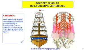 A retenir :
Il faut renforcer les muscles
intervertébraux (les muscler
et les entretenir), ils
maintiennent la colonne
vertébrale comme le ferait
les haubans d’un mât sur un
navire.
131
ROLE DES MUSCLES
DE LA COLONNE VERTEBRALE
hammanibachir54@gmail.com
 