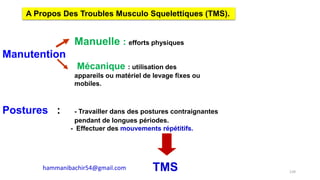 Manuelle : efforts physiques
Manutention
Mécanique : utilisation des
appareils ou matériel de levage fixes ou
mobiles.
Postures : - Travailler dans des postures contraignantes
pendant de longues périodes.
- Effectuer des mouvements répétitifs.
TMS
A Propos Des Troubles Musculo Squelettiques (TMS).
139
hammanibachir54@gmail.com
 