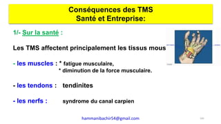 1/- Sur la santé :
Les TMS affectent principalement les tissus mous :
- les muscles : * fatigue musculaire,
* diminution de la force musculaire.
- les tendons : tendinites
- les nerfs : syndrome du canal carpien
Conséquences des TMS
Santé et Entreprise:
145hammanibachir54@gmail.com
 