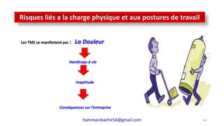 LES RISQUES PROFESSIONNELS
149hammanibachir54@gmail.com
Risques liés a la charge physique et aux postures de travail
Les TMS se manifestent par : La Douleur
Handicaps à vie
Inaptitude
Conséquences sur l’entreprise
 