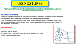 LES POSTURES
6-La manutention doit-elle être réalisée dans une posture contraignante ? A genoux,
accroupi, en équilibre instable
Pour mieux comprendre
S’accroupir ou s’agenouiller impose des contraintes articulaires plus importantes, notamment au niveau des genoux.
L’abaissement du centre de gravité du corps entraine aussi une grande dépense d’énergie.
Toute instabilité du corps ou des points d’appui accroit le risque de perdre l’équilibre ou de laisser tomber l’objet.
Cette instabilité provoque un risque accru de lésions musculo-squelettiques et un surcroit d’activité musculaire en
vue de maintenir son équilibre.
Recommandations
Adopter la position debout
Prendre la charge a une hauteur comprise entre les coudes et la mi-cuisse
Utiliser des points d’appui stables.
hammanibachir54@gmail.com 168
 
