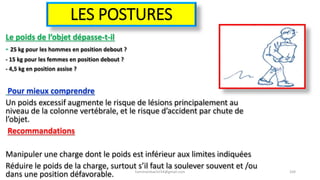 LES POSTURES
Le poids de l’objet dépasse-t-il
- 25 kg pour les hommes en position debout ?
- 15 kg pour les femmes en position debout ?
- 4,5 kg en position assise ?
Pour mieux comprendre
Un poids excessif augmente le risque de lésions principalement au
niveau de la colonne vertébrale, et le risque d’accident par chute de
l’objet.
Recommandations
Manipuler une charge dont le poids est inférieur aux limites indiquées
Réduire le poids de la charge, surtout s’il faut la soulever souvent et /ou
dans une position défavorable. hammanibachir54@gmail.com 169
 