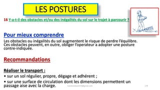 LES POSTURES
16 Y-a-t-il des obstacles et/ou des inégalités du sol sur le trajet à parcourir ?
Pour mieux comprendre
Les obstacles ou inégalités du sol augmentent le risque de perdre l’équilibre.
Ces obstacles peuvent, en outre, obliger l’operateur a adopter une posture
contre-indiquée.
Recommandations
Réaliser le transport :
• sur un sol régulier, propre, dégage et adhérent ;
• sur une surface de circulation dont les dimensions permettent un
passage aise avec la charge. hammanibachir54@gmail.com 178
 
