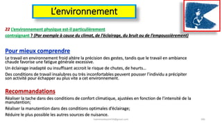 L’environnement
22 L’environnement physique est-il particulièrement
contraignant ? (Par exemple à cause du climat, de l’éclairage, du bruit ou de l’empoussièrement)
Pour mieux comprendre
Le travail en environnement froid altère la précision des gestes, tandis que le travail en ambiance
chaude favorise une fatigue générale excessive.
Un éclairage inadapté ou insuffisant accroit le risque de chutes, de heurts…
Des conditions de travail insalubres ou très inconfortables peuvent pousser l’individu a précipiter
son activité pour échapper au plus vite a cet environnement.
Recommandations
Réaliser la tache dans des conditions de confort climatique, ajustées en fonction de l’intensité de la
manutention;
Réaliser la manutention dans des conditions optimales d’éclairage;
Réduire le plus possible les autres sources de nuisance.
hammanibachir54@gmail.com 185
 