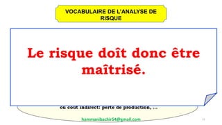 SITUATION
DANGEREUSE
DANGER (PHÉNOMÈNE DANGEREUX)
ACCIDENTS DU TRAVAIL MALADIES
PROFESSIONNELLES
PRÉJUDICE
Préjudice humain ou pour l’entreprise (ex: douleur,
ralentissement de la production, ...)
COÛT
Coût direct: frais médicaux, indemnités journalières,
ou coût indirect: perte de production, ...
Le risque doît donc être
maîtrisé.
21
VOCABULAIRE DE L’ANALYSE DE
RISQUE
hammanibachir54@gmail.com
 