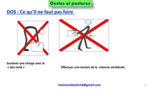 DOS : Ce qu’il ne faut pas faire :
Soulever une charge avec le
« dos rond » Effectuer une torsion de la colonne vertébrale
hammanibachir54@gmail.com 219
Gestes et postures
 