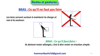 BRAS : Ce qu’il ne faut pas faire
Les bras servent surtout à maintenir la charge et
non à la soulever.
BRAS : Ce qu’il faut faire :
Ils doivent rester allongés, c’est à dire rester en traction simple.
hammanibachir54@gmail.com 222
Gestes et postures
 