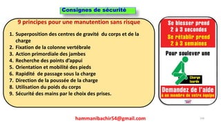 hammanibachir54@gmail.com 258
9 principes pour une manutention sans risque
1. Superposition des centres de gravité du corps et de la
charge
2. Fixation de la colonne vertébrale
3. Action primordiale des jambes
4. Recherche des points d’appui
5. Orientation et mobilité des pieds
6. Rapidité de passage sous la charge
7. Direction de la poussée de la charge
8. Utilisation du poids du corps
9. Sécurité des mains par le choix des prises.
Consignes de sécurité
 