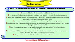 hammanibachir54@gmail.com 268
Les 22 commandements du parfait manutentionnaire
1- Le personnel destiné à la manutention doit être sélectionné
2- Ne jamais confier à un manutentionnaire une tâche pour laquelle il présente des contre indications.
3- Nul ne doit être appelé à fournir un effort supérieur à la moyenne des efforts qui peuvent être demandés à
un travailleur normalement constitué (55 Kg max).
4-Le personnel de manutention doit recevoir une formation professionnelle préalable.
5-Evaluation des efforts résistants, des efforts moteurs et d’utilisation rationnelle de ces derniers. Tenir compte
de larges coefficients de sécurité.
6-Toute manœuvre de force doit être préparée et exécutée sous la direction d’un chef de manœuvre
responsable
7-Les ordres du chef doivent être transmis selon un code préalablement établi et connu de tous les exécutants,
chacun d’eux doit être en état de les recevoir distinctement.
8-Chaque manutentionnaire doit obier strictement aux ordres du chef de manœuvre
Facteur humain
 