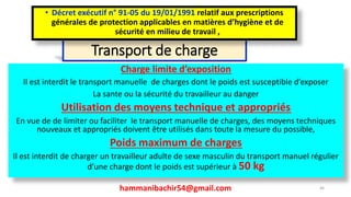 Transport de charge
Charge limite d’exposition
Il est interdit le transport manuelle de charges dont le poids est susceptible d’exposer
La sante ou la sécurité du travailleur au danger
Utilisation des moyens technique et appropriés
En vue de de limiter ou faciliter le transport manuelle de charges, des moyens techniques
nouveaux et appropriés doivent être utilisés dans toute la mesure du possible,
Poids maximum de charges
Il est interdit de charger un travailleur adulte de sexe masculin du transport manuel régulier
d’une charge dont le poids est supérieur à 50 kg
hammanibachir54@gmail.com
• Décret exécutif n° 91-05 du 19/01/1991 relatif aux prescriptions
générales de protection applicables en matières d’hygiène et de
sécurité en milieu de travail ,
46
 