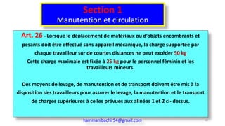 Section 1
Manutention et circulation
Art. 26 - Lorsque le déplacement de matériaux ou d’objets encombrants et
pesants doit être effectué sans appareil mécanique, la charge supportée par
chaque travailleur sur de courtes distances ne peut excéder 50 kg
Cette charge maximale est fixée à 25 kg pour le personnel féminin et les
travailleurs mineurs.
Des moyens de levage, de manutention et de transport doivent être mis à la
disposition des travailleurs pour assurer le levage, la manutention et le transport
de charges supérieures à celles prévues aux alinéas 1 et 2 ci- dessus.
hammanibachir54@gmail.com 48
 