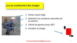 1. Penser avant d’agir
2. Maintenir les courbures naturelles de
la colonne
3. Fléchir les genoux (max. 90°)
4. Encadrer la charge
Lors du soulèvement des charges
85hammanibachir54@gmail.com
 