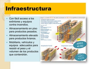 Infraestructura
   Con fácil acceso a los
    extintores y equipos
    contra incendios.
   Almacenamiento en piso
    para productos pesados.
   Almacenamiento elevado
    para productos livianos.
   Mobiliario, vehículos y
    equipos adecuados para
    resistir el peso y el
    volumen de los productos
    que contendrán.
 