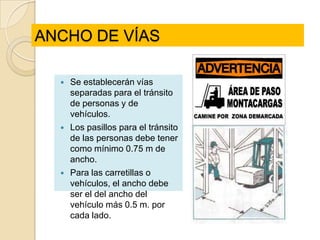 ANCHO DE VÍAS

     Se establecerán vías
      separadas para el tránsito
      de personas y de
      vehículos.
     Los pasillos para el tránsito
      de las personas debe tener
      como mínimo 0.75 m de
      ancho.
     Para las carretillas o
      vehículos, el ancho debe
      ser el del ancho del
      vehículo más 0.5 m. por
      cada lado.
 