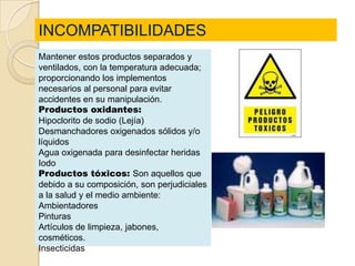 INCOMPATIBILIDADES
Mantener estos productos separados y
ventilados, con la temperatura adecuada;
proporcionando los implementos
necesarios al personal para evitar
accidentes en su manipulación.
Productos oxidantes:
Hipoclorito de sodio (Lejía)
Desmanchadores oxigenados sólidos y/o
líquidos
Agua oxigenada para desinfectar heridas
Iodo
Productos tóxicos: Son aquellos que
debido a su composición, son perjudiciales
a la salud y el medio ambiente:
Ambientadores
Pinturas
Artículos de limpieza, jabones,
cosméticos.
Insecticidas
 