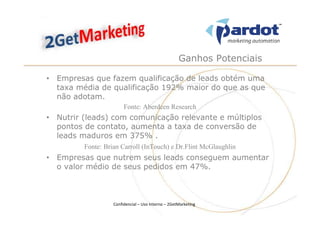 Ganhos Potenciais

• Empresas que fazem qualificação de leads obtém uma
  taxa média de qualificação 192% maior do que as que
  não adotam.
                        Fonte: Aberdeen Research
• Nutrir (leads) com comunicação relevante e múltiplos
  pontos de contato, aumenta a taxa de conversão de
  leads maduros em 375% .
         Fonte: Brian Carroll (InTouch) e Dr.Flint McGlaughlin
• Empresas que nutrem seus leads conseguem aumentar
  o valor médio de seus pedidos em 47%.



                   Confidencial – Uso Interno – 2GetMarketing
 