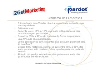 Problema das Empresas
•   O importante para Vendas não é a quantidade de leads, mas
    sim a qualidade.
•   Estima-se que:
-   Somente entre 10% a 15% dos leads estão maduros para
    uma abordagem por vendas.
-   Os outros 85% a 90% são tratados de forma inapropriada.
-   Uns 25% não são qualificados.
-   Como gerenciar os 60% restantes que possuem potencial para
    se qualificar?
-   Desses 60% restantes, estima-se que entre 70% a 90% dos
    leads gerados, não recebam follow up adequado por parte de
    Vendas.
•   40% do tempo dos vendedores são gastos com leads não
    qualificados ou não maduros.


                   Confidencial – Uso Interno – 2GetMarketing
 