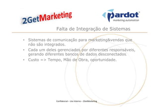 Falta de Integração de Sistemas

• Sistemas de comunicação para marketing&vendas que
  não são integrados.
• Cada um deles gerenciados por diferentes responsáveis,
  gerando diferentes bancos de dados desconectados.
• Custo => Tempo, Mão de Obra, oportunidade.




                Confidencial – Uso Interno – 2GetMarketing
 