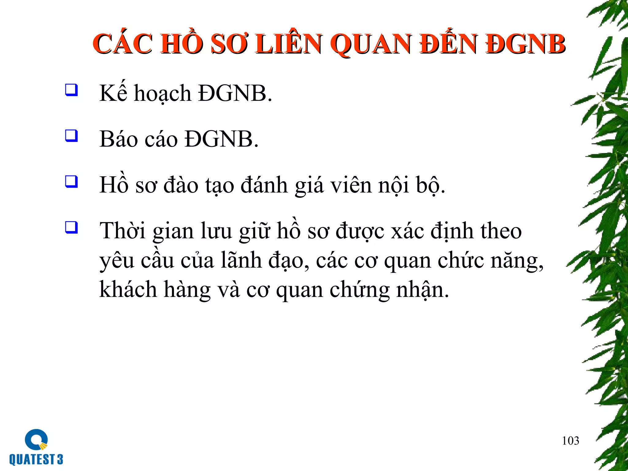 103
CÁC HỒ SƠ LIÊN QUAN ĐẾN ĐGNBCÁC HỒ SƠ LIÊN QUAN ĐẾN ĐGNB
 Kế hoạch ĐGNB.
 Báo cáo ĐGNB.
 Hồ sơ đào tạo đánh giá viên nội bộ.
 Thời gian lưu giữ hồ sơ được xác định theo
yêu cầu của lãnh đạo, các cơ quan chức năng,
khách hàng và cơ quan chứng nhận.
 