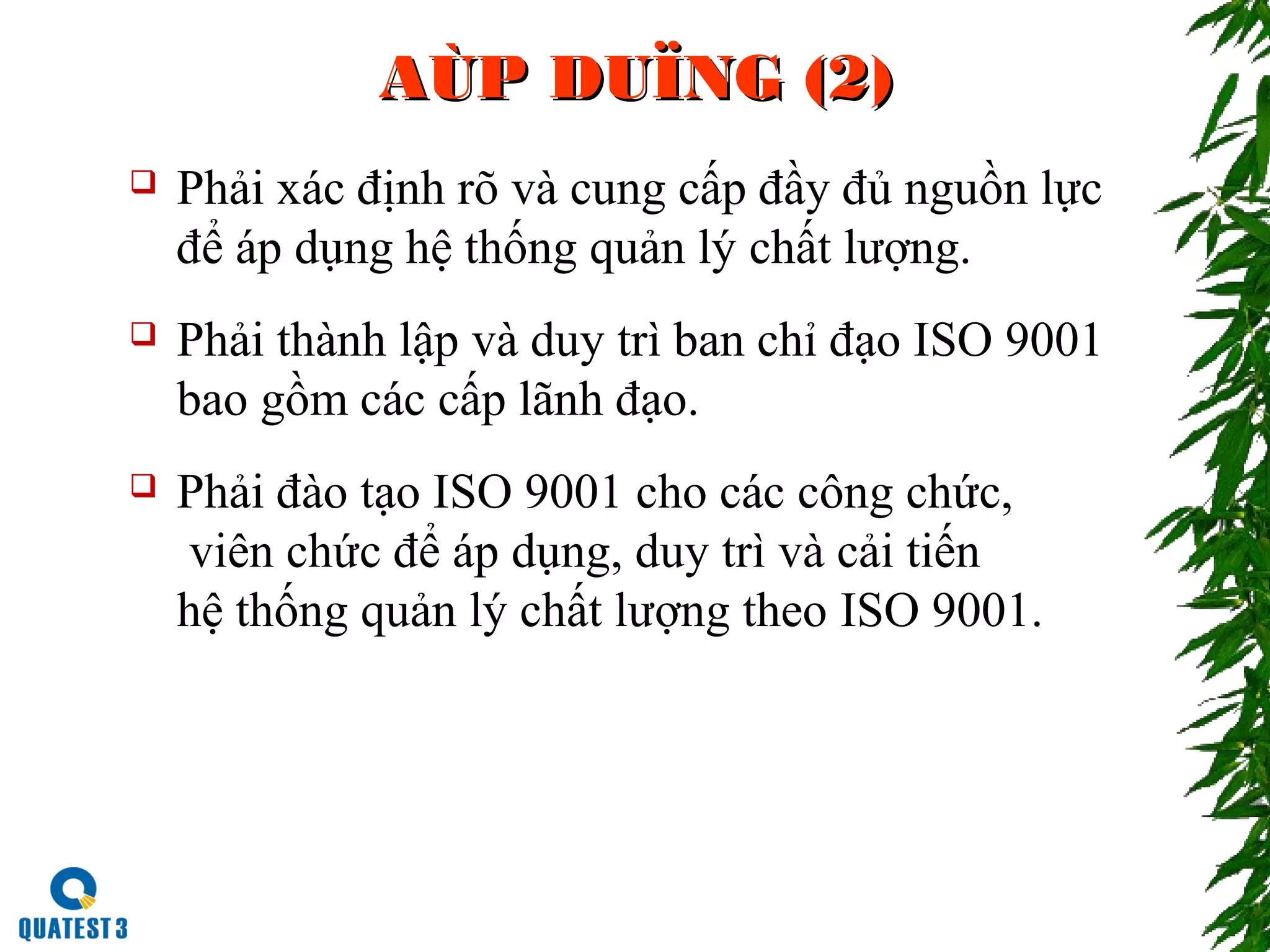 AÙP DUÏNG (2)AÙP DUÏNG (2)
 Phải xác định rõ và cung cấp đầy đủ nguồn lực
để áp dụng hệ thống quản lý chất lượng.
 Phải thành lập và duy trì ban chỉ đạo ISO 9001
bao gồm các cấp lãnh đạo.
 Phải đào tạo ISO 9001 cho các công chức,
viên chức để áp dụng, duy trì và cải tiến
hệ thống quản lý chất lượng theo ISO 9001.
 