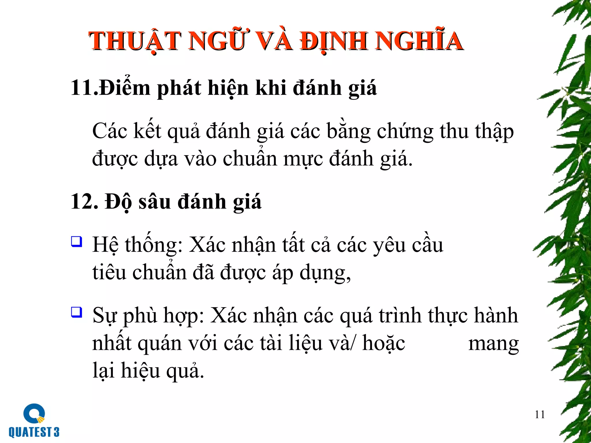 11
THUẬT NGỮ VÀ ĐỊNH NGHĨATHUẬT NGỮ VÀ ĐỊNH NGHĨA
11.Điểm phát hiện khi đánh giá
Các kết quả đánh giá các bằng chứng thu thập
được dựa vào chuẩn mực đánh giá.
12. Độ sâu đánh giá
 Hệ thống: Xác nhận tất cả các yêu cầu
tiêu chuẩn đã được áp dụng,
 Sự phù hợp: Xác nhận các quá trình thực hành
nhất quán với các tài liệu và/ hoặc mang
lại hiệu quả.
 