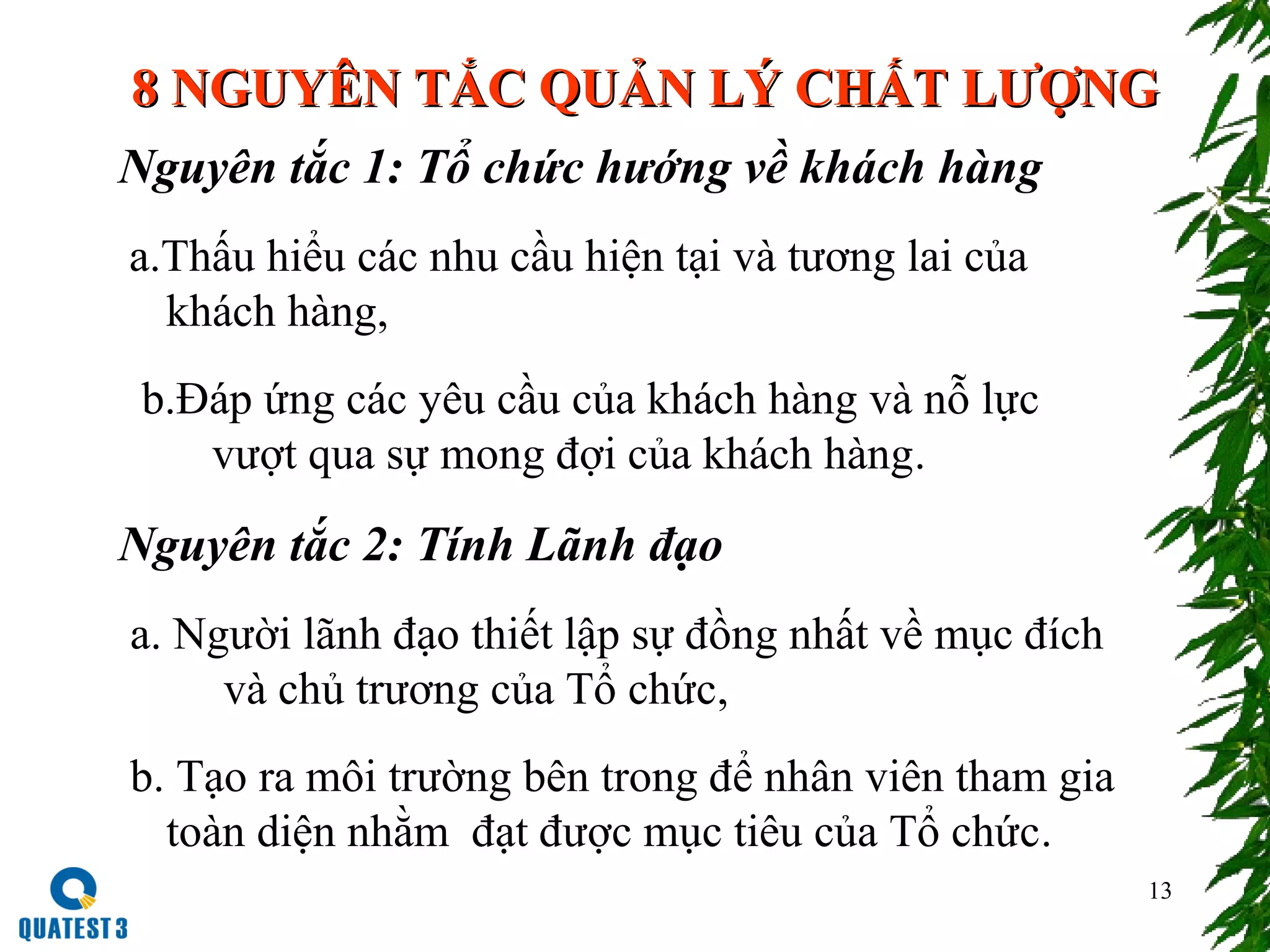 13
8 NGUYÊN TẮC QUẢN LÝ CHẤT LƯỢNG8 NGUYÊN TẮC QUẢN LÝ CHẤT LƯỢNG
Nguyên tắc 1: Tổ chức hướng về khách hàng
a.Thấu hiểu các nhu cầu hiện tại và tương lai của
khách hàng,
b.Đáp ứng các yêu cầu của khách hàng và nỗ lực
vượt qua sự mong đợi của khách hàng.
Nguyên tắc 2: Tính Lãnh đạo
a. Người lãnh đạo thiết lập sự đồng nhất về mục đích
và chủ trương của Tổ chức,
b. Tạo ra môi trường bên trong để nhân viên tham gia
toàn diện nhằm đạt được mục tiêu của Tổ chức.
 