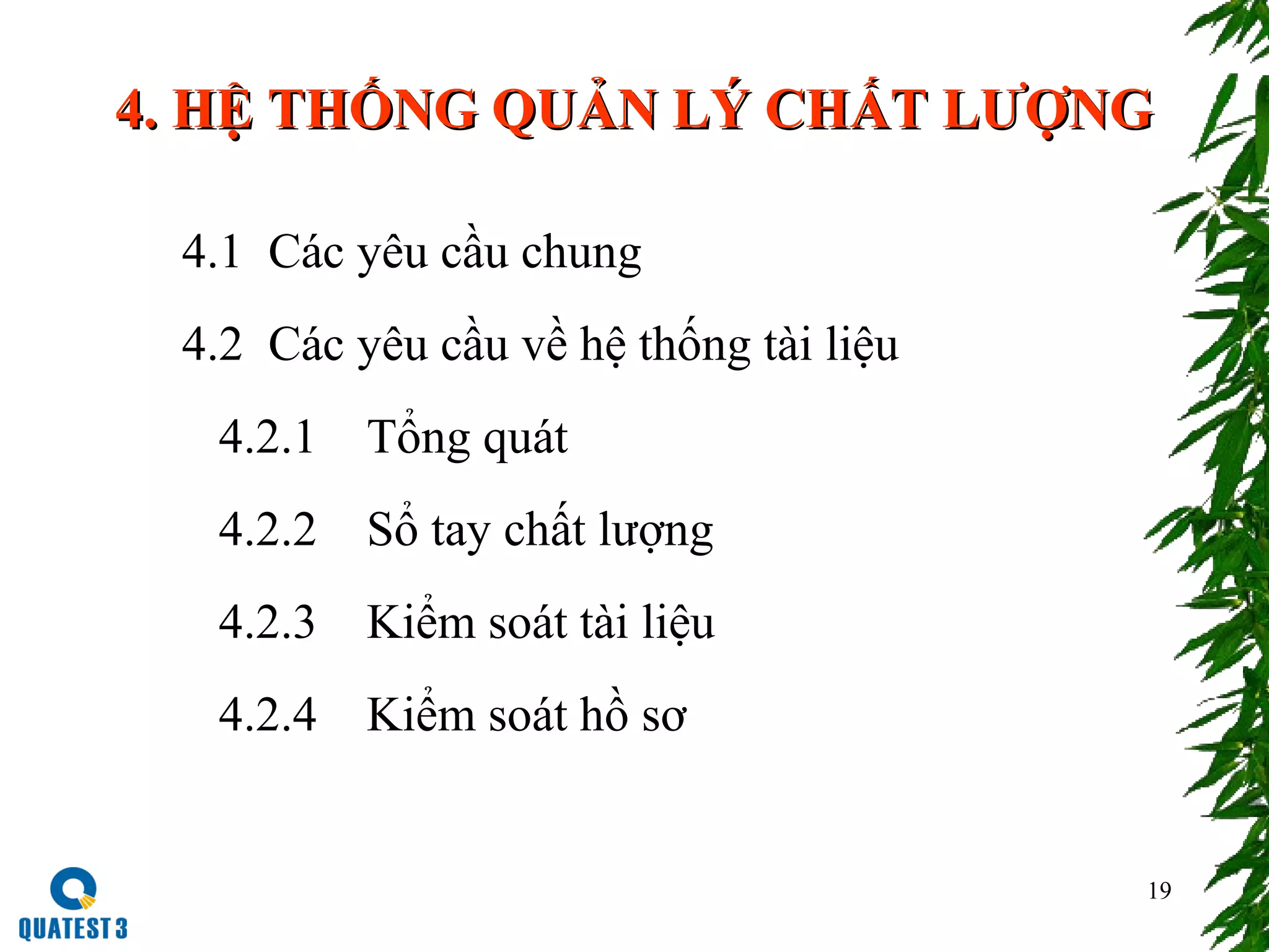 19
4. HỆ THỐNG QUẢN LÝ CHẤT LƯỢNG4. HỆ THỐNG QUẢN LÝ CHẤT LƯỢNG
4.1 Các yêu cầu chung
4.2 Các yêu cầu về hệ thống tài liệu
4.2.1 Tổng quát
4.2.2 Sổ tay chất lượng
4.2.3 Kiểm soát tài liệu
4.2.4 Kiểm soát hồ sơ
 