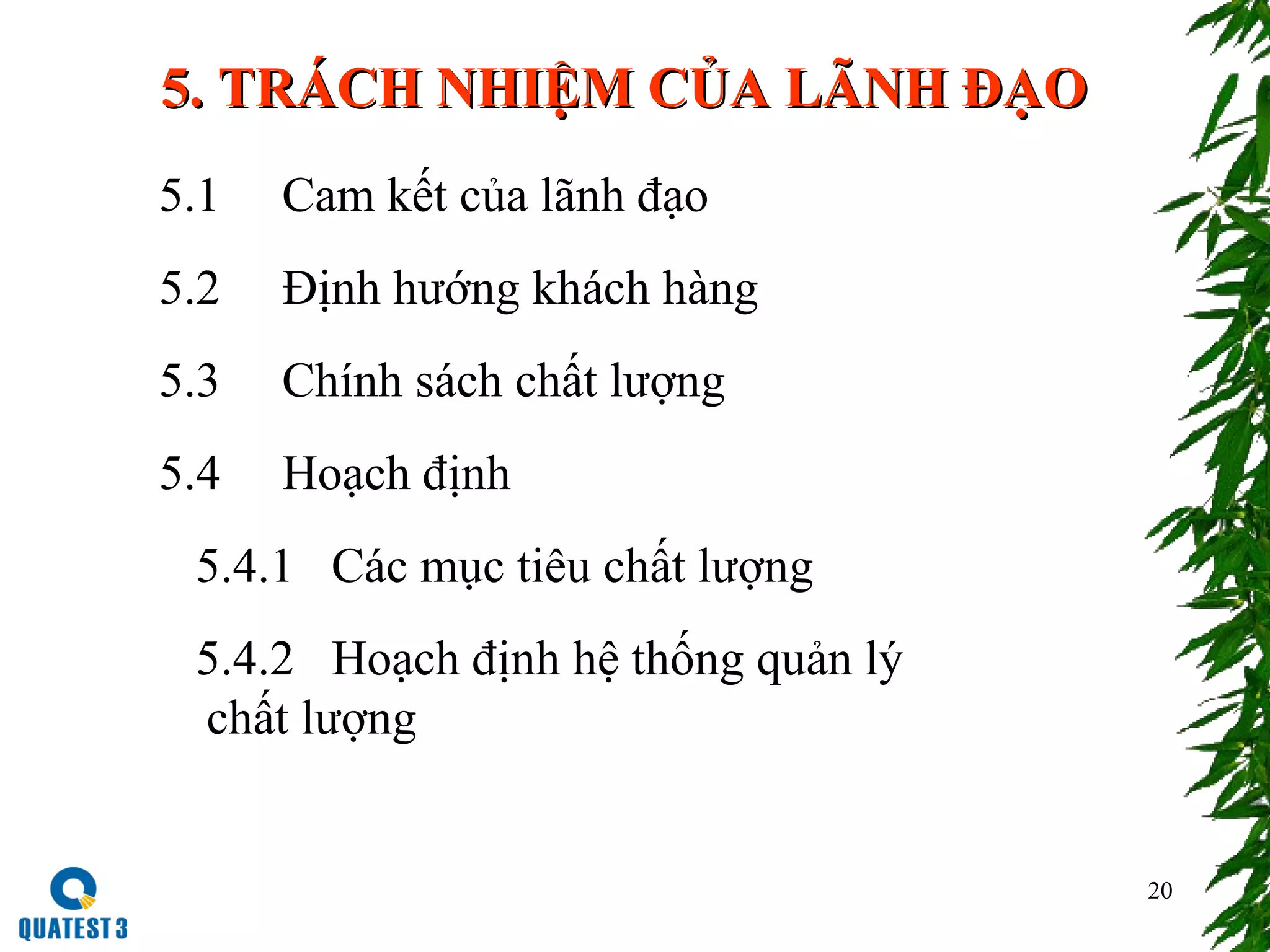 20
5. TRÁCH NHIỆM CỦA LÃNH ĐẠO5. TRÁCH NHIỆM CỦA LÃNH ĐẠO
5.1 Cam kết của lãnh đạo
5.2 Định hướng khách hàng
5.3 Chính sách chất lượng
5.4 Hoạch định
5.4.1 Các mục tiêu chất lượng
5.4.2 Hoạch định hệ thống quản lý
chất lượng
 