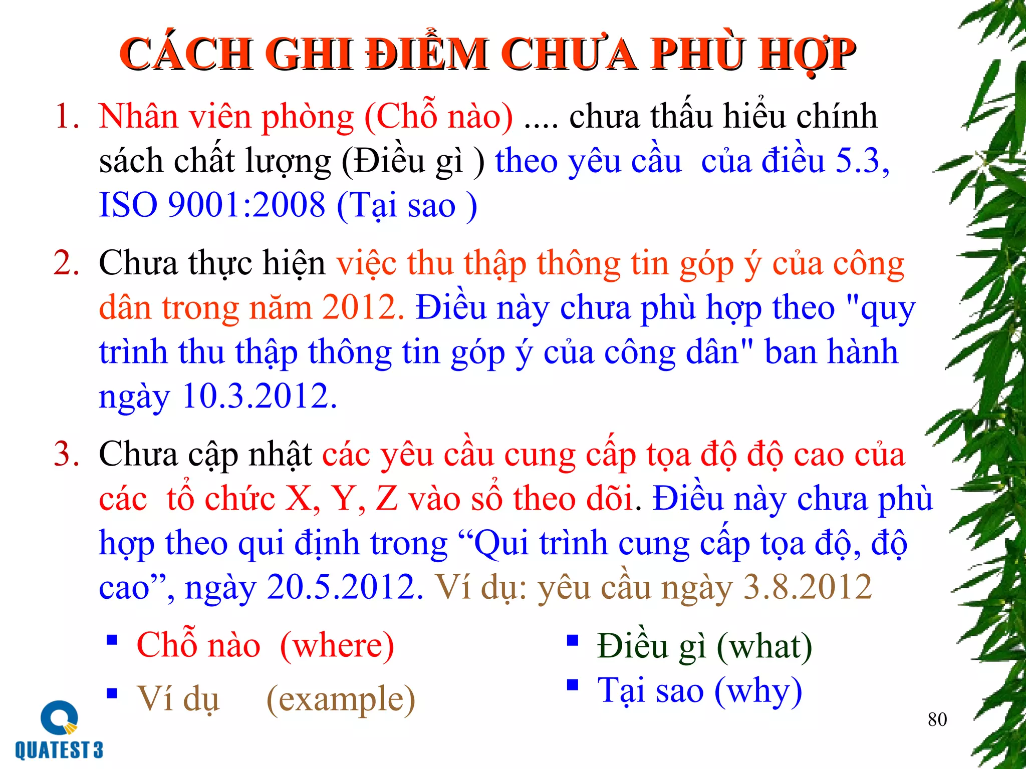 80
CÁCH GHI ĐIỂM CHƯA PHÙ HỢPCÁCH GHI ĐIỂM CHƯA PHÙ HỢP
1. Nhân viên phòng (Chỗ nào) .... chưa thấu hiểu chính
sách chất lượng (Điều gì ) theo yêu cầu của điều 5.3,
ISO 9001:2008 (Tại sao )
2. Chưa thực hiện việc thu thập thông tin góp ý của công
dân trong năm 2012. Điều này chưa phù hợp theo "quy
trình thu thập thông tin góp ý của công dân" ban hành
ngày 10.3.2012.
3. Chưa cập nhật các yêu cầu cung cấp tọa độ độ cao của
các tổ chức X, Y, Z vào sổ theo dõi. Điều này chưa phù
hợp theo qui định trong “Qui trình cung cấp tọa độ, độ
cao”, ngày 20.5.2012. Ví dụ: yêu cầu ngày 3.8.2012
 Chỗ nào (where)
 Ví dụ (example)
 Điều gì (what)
 Tại sao (why)
 