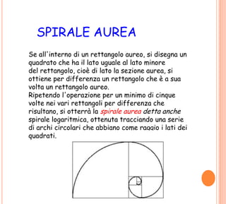 SPIRALE AUREA
Se all'interno di un rettangolo aureo, si disegna un
quadrato che ha il lato uguale al lato minore
del rettangolo, cioè di lato la sezione aurea, si
ottiene per differenza un rettangolo che è a sua
volta un rettangolo aureo.
Ripetendo l'operazione per un minimo di cinque
volte nei vari rettangoli per differenza che
risultano, si otterrà la spirale aurea detta anche
spirale logaritmica, ottenuta tracciando una serie
di archi circolari che abbiano come raggio i lati dei
quadrati.
 